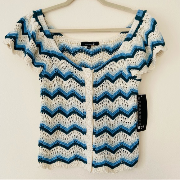 New Broadway 38 crochet knit striped boho button down sweater blouse zigzag top - Picture 5 of 8